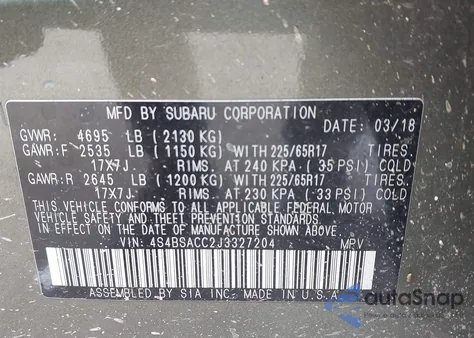 2018 Subaru Outback 2.5I Premium из США, поврежденный, VIN 4S4BSACC2J3327204